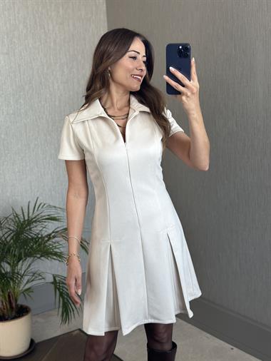 Ekru Önden Fermuarlı Kısa Kol Kadın Süet Elbise