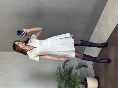 Ekru Önden Fermuarlı Kısa Kol Kadın Süet Elbise