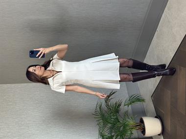 Ekru Önden Fermuarlı Kısa Kol Kadın Süet Elbise