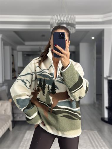 Ekru Orman Ve Geyik Desenli Yarım Fermuarlı Peluş Kadın Sweatshirt