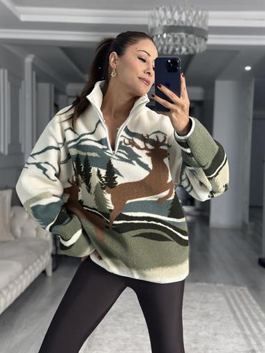 Ekru Orman Ve Geyik Desenli Yarım Fermuarlı Peluş Kadın Sweatshirt