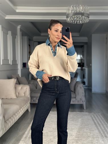 Ekru Polo Yaka Jean Detay Kadın Triko Kazak