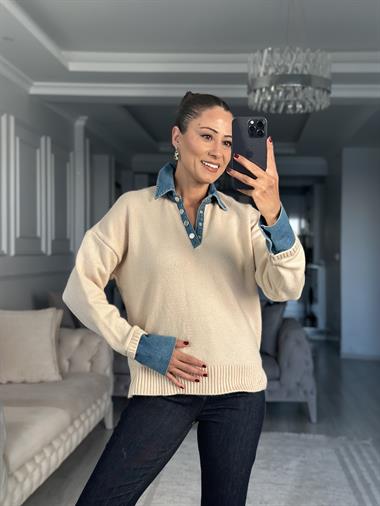 Ekru Polo Yaka Jean Detay Kadın Triko Kazak