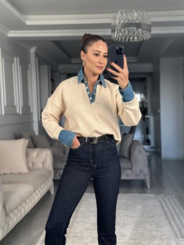 Ekru Polo Yaka Jean Detay Kadın Triko Kazak