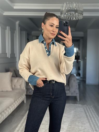 Ekru Polo Yaka Jean Detay Kadın Triko Kazak