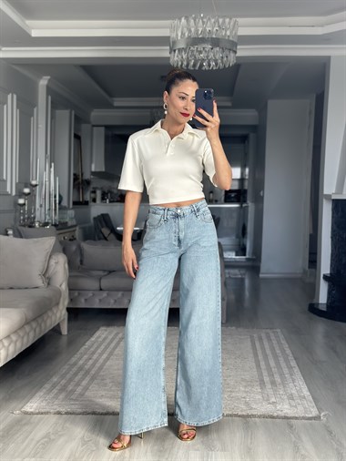 Ekru Polo Yaka Vatkalı Kadın Crop T-Shirt