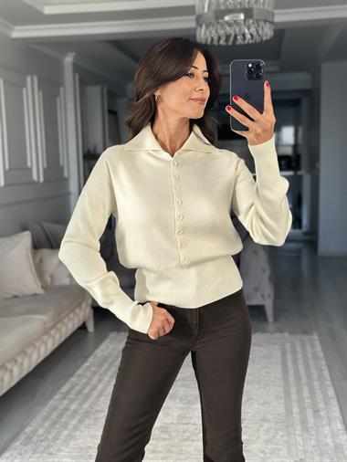 Ekru Polo Yaka Yünlü Düğmeli Kadın Triko Kazak