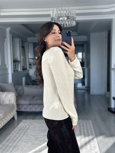 Ekru Premium Kaşmir Kayık Yaka Kadın Kazak