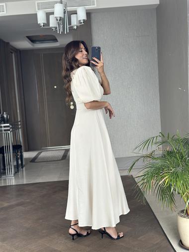Ekru Prenses Kol Vatkalı Kemerli Müslin Kumaş Kadın Maksi Boy Elbise