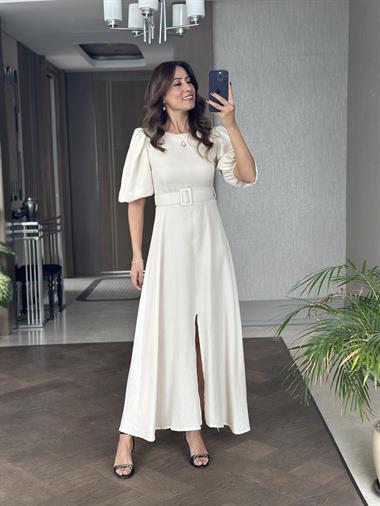 Ekru Prenses Kol Vatkalı Kemerli Müslin Kumaş Kadın Maksi Boy Elbise