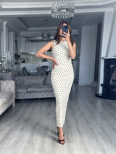Ekru Puantiyeli Beli Drapeli Maxi Boy Kadın Elbise