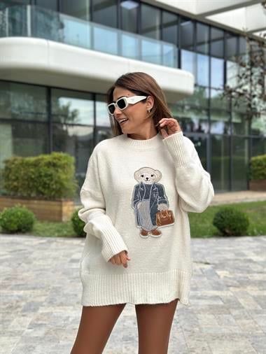 Ekru RL Model Bisiklet Yaka Önü Ayıcık Nakışlı Kadın Triko Kazak