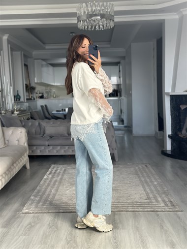 Ekru Romantik Dantel Detaylı Uzun Kollu Kadın T-Shirt