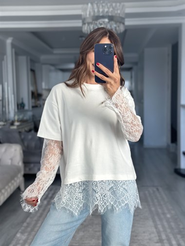Ekru Romantik Dantel Detaylı Uzun Kollu Kadın T-Shirt