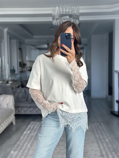 Ekru Romantik Dantel Detaylı Uzun Kollu Kadın T-Shirt