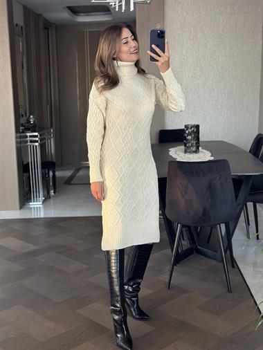 Ekru Saç Örgü Balıkçı Yaka Kadın Triko Elbise