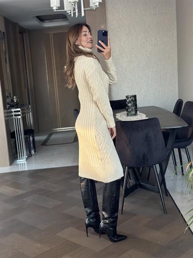 Ekru Saç Örgü Balıkçı Yaka Kadın Triko Elbise