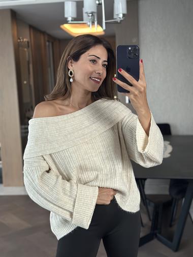 Ekru Şal Yaka Fitilli Kadın Triko Kazak