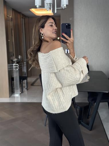 Ekru Şal Yaka Fitilli Kadın Triko Kazak