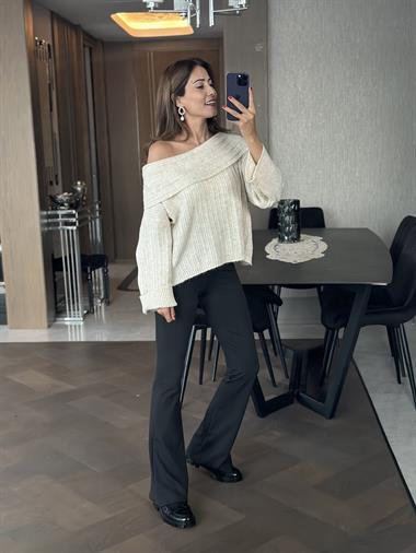 Ekru Şal Yaka Fitilli Kadın Triko Kazak