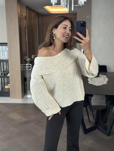 Ekru Şal Yaka Fitilli Kadın Triko Kazak