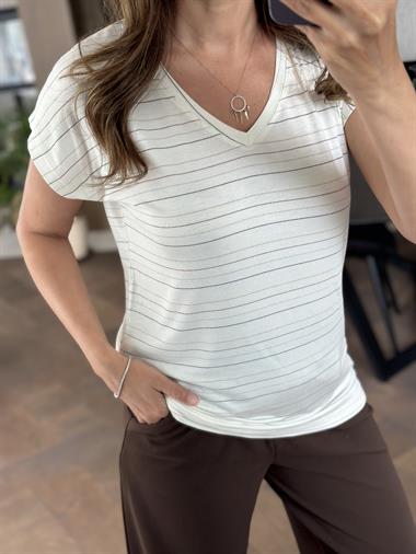Ekru Sim Çizgili V Yaka Kısa Yarasa Kol Basic Kadın T-Shirt