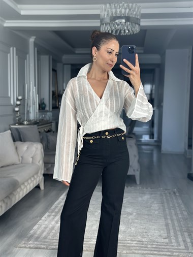 Ekru Sim Çizgili Yandan Bağlamalı Kadın Bluz