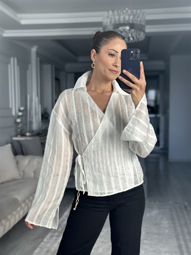 Ekru Sim Çizgili Yandan Bağlamalı Kadın Bluz