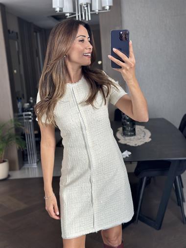 Ekru Sırtı Fermuarlı Kısa Kol Pul Detay Tüvit Kadın Mini Elbise