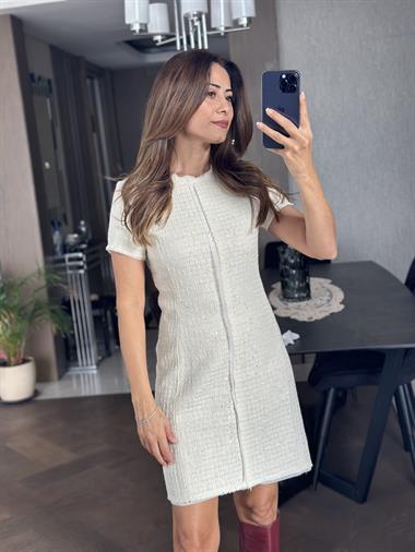 Ekru Sırtı Fermuarlı Kısa Kol Pul Detay Tüvit Kadın Mini Elbise