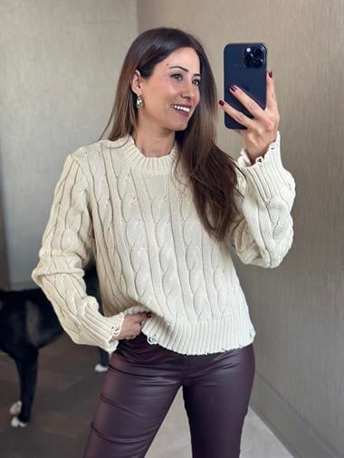 Ekru Sökük Detay Saç Örgü Kadın Triko Kazak