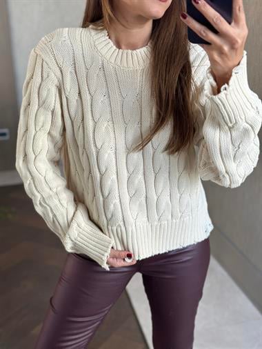 Ekru Sökük Detay Saç Örgü Kadın Triko Kazak