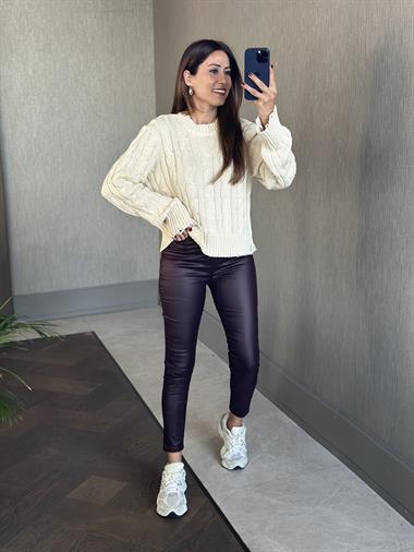 Ekru Sökük Detay Saç Örgü Kadın Triko Kazak