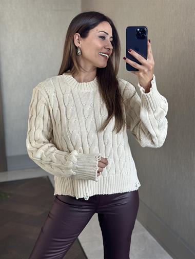 Ekru Sökük Detay Saç Örgü Kadın Triko Kazak
