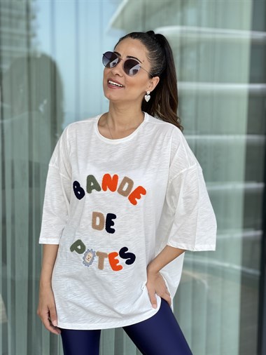 Ekru Süzeneli Oversize T-Shirt