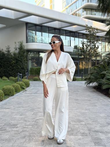Ekru Tek Düğmeli Kimono Pantolon Keten Kadın Alt Üst Takım