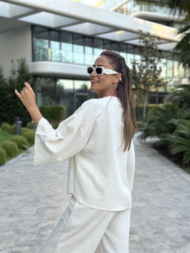 Ekru Tek Düğmeli Kimono Pantolon Keten Kadın Alt Üst Takım