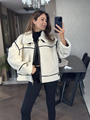 Ekru Ters Detay Lamine Biker Fermuarlı Kadın Mont