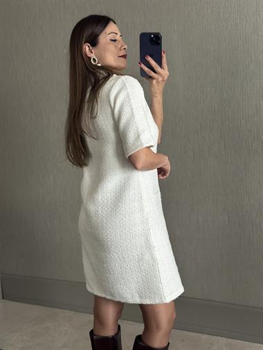 Ekru Tüvit Polo Yaka Kısa Kol Üç Düğmeli Kadın Mini Elbise