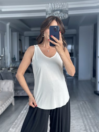 Ekru V Yaka Askılı Modal Kadın Atlet