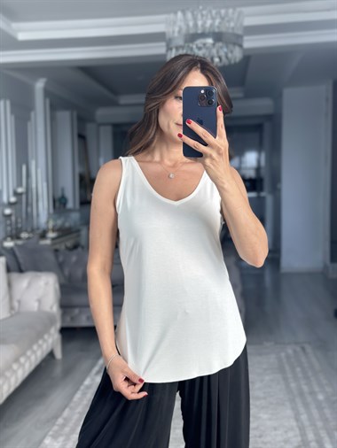 Ekru V Yaka Askılı Modal Kadın Atlet
