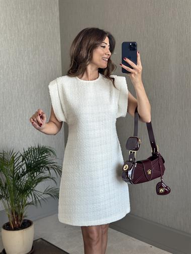 Ekru Vatkalı Arkası Fermuarlı Sıfır Kol Tüvit Kadın Mini Elbise