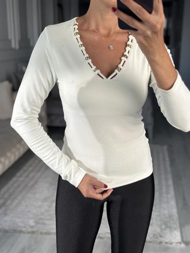 Ekru Yakası Boncuklu Kadın Bluz