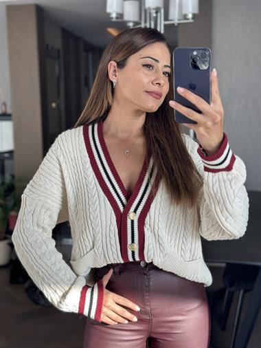 Ekru Yakası Ve Kolu Şeritli Saç Örgülü Cepli Düğmeli Kadın Hırka 