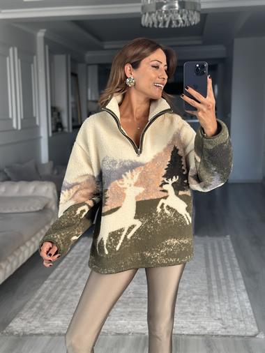 Ekru Yarım Fermuarlı Desenli Kadın Sweatshirt