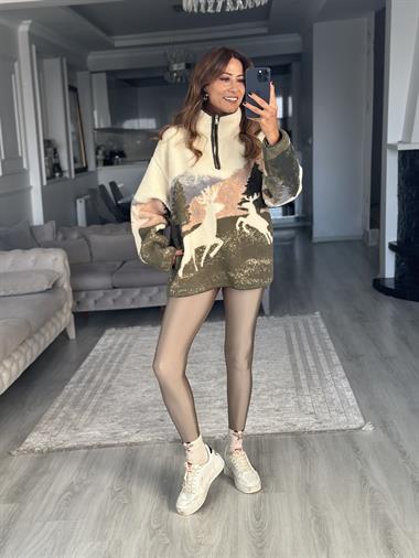 Ekru Yarım Fermuarlı Desenli Kadın Sweatshirt