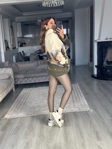 Ekru Yarım Fermuarlı Desenli Kadın Sweatshirt