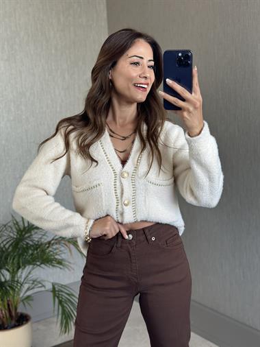 Ekru Yumoş Gold Şerit Detay Cepli Kadın Triko Hırka 