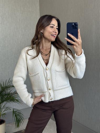 Ekru Yumoş Gold Şerit Detay Cepli Kadın Triko Hırka 