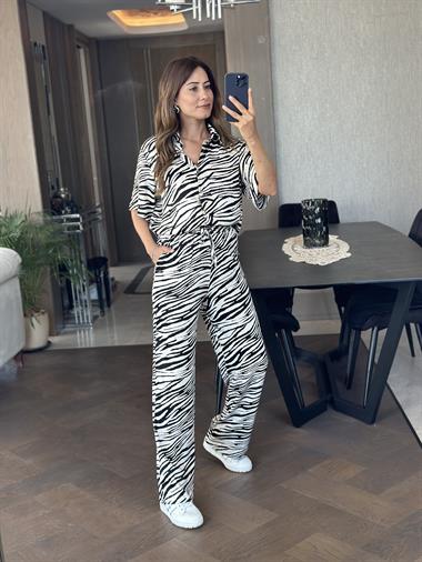 Ekru Zebra Desenli Kısa Kol Gömlek Pantolon Kadın Alt Üst Takım